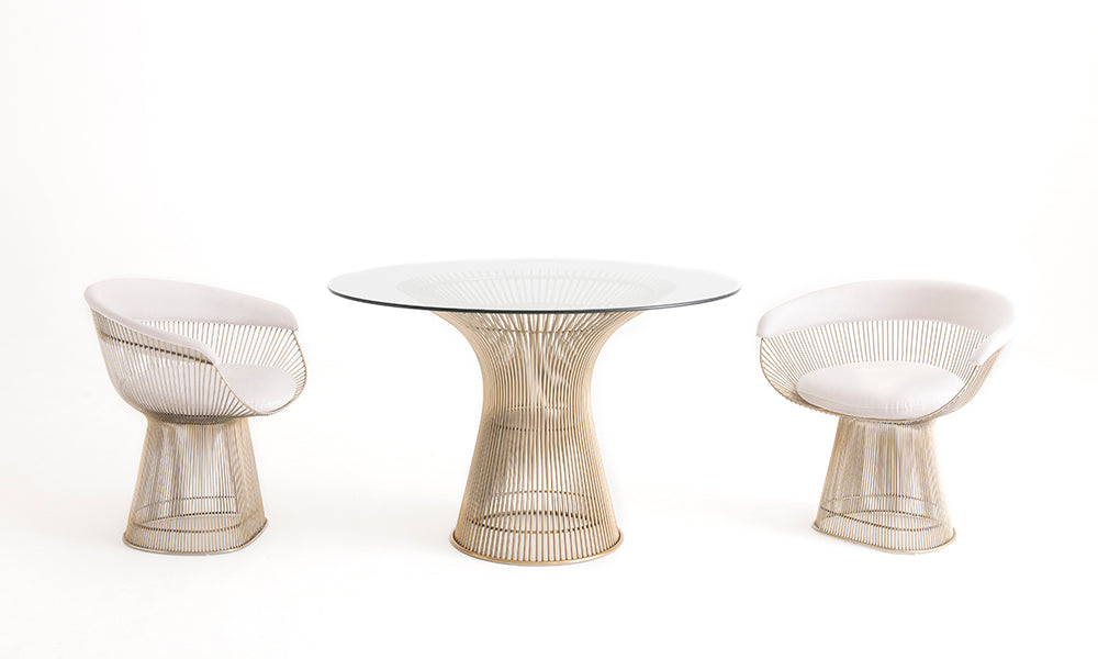 Mesa Jantar Platner Em Inox Com Pintura Dourado e Tampo Vidro Redondo 120cm