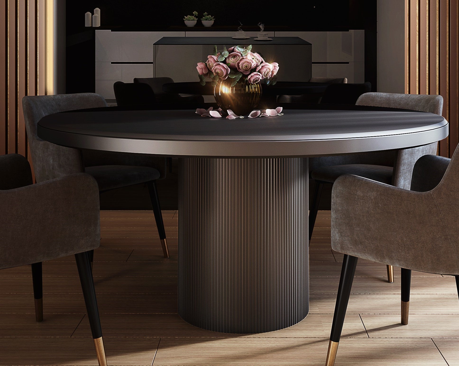 Mesa Luxo Com Base Redonda Frisada Com Tampo Redondo 135 cm Pintura Metalizada