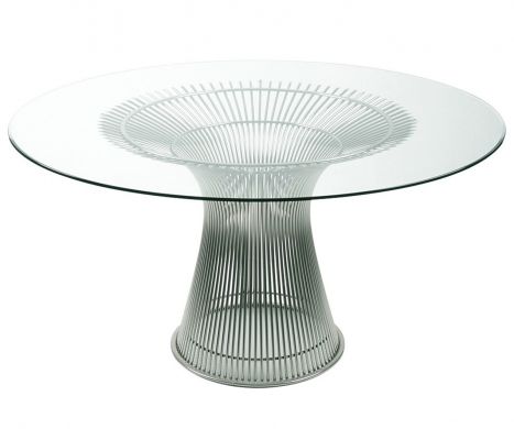 Mesa Jantar Platner Em Inox Polido e Tampo Vidro Redondo 120cm