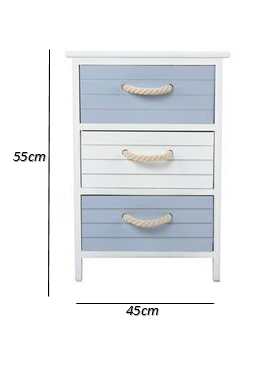 Mesa de Cabeceira Modelo Náutica 3 Gavetas Em Laca Azul E Branco Puxador Corda