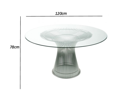 Mesa Jantar Platner Em Inox Polido e Tampo Vidro Redondo 120cm