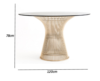 Mesa Jantar Platner Em Inox Com Pintura Dourado e Tampo Vidro Redondo 120cm