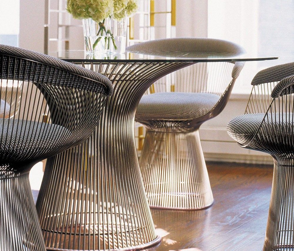 Mesa Jantar Platner Em Inox Polido e Tampo Vidro Redondo 120cm