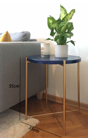 Mesa Lateral Redonda Em Laca Azul e Pé Metálico Dourado