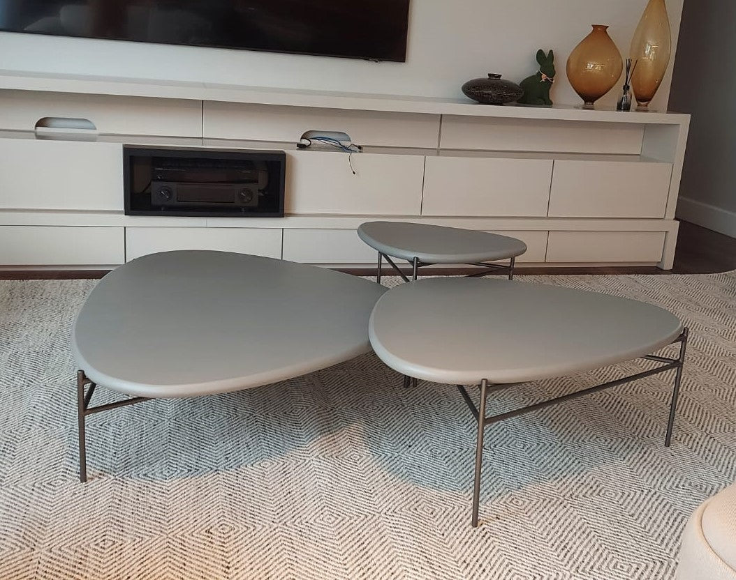 Mesa Centro Conjunto 3 Folhas Cinza e Pé Metálico